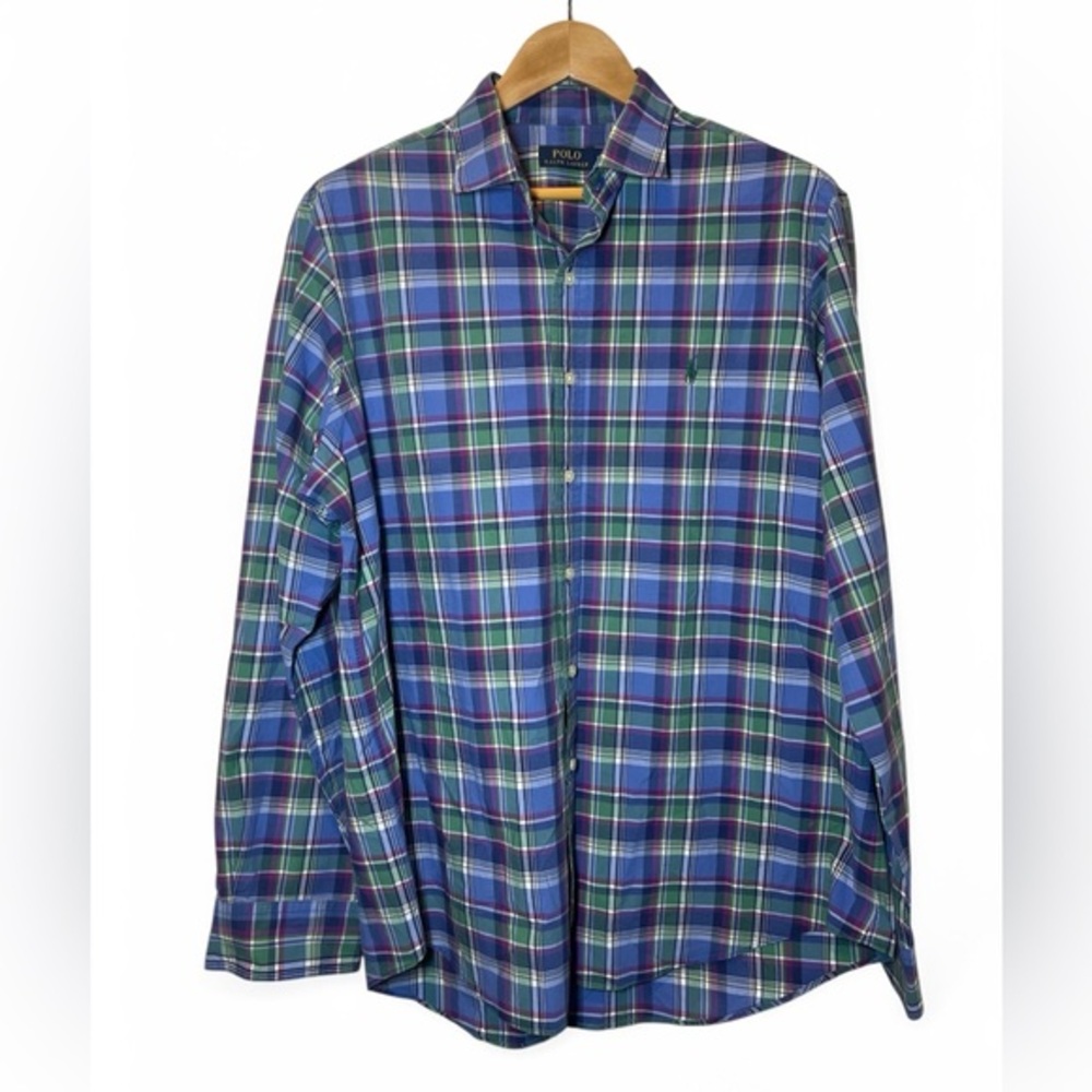 POLO Ralph Lauren Cotton‎ Plaid Green Purple Prep Pony Oxford Button Shirt XL